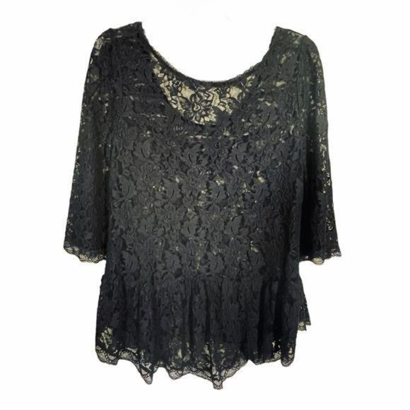 Free People Black Lace Short Sleeve Blouse Small - Picture 7 of 8